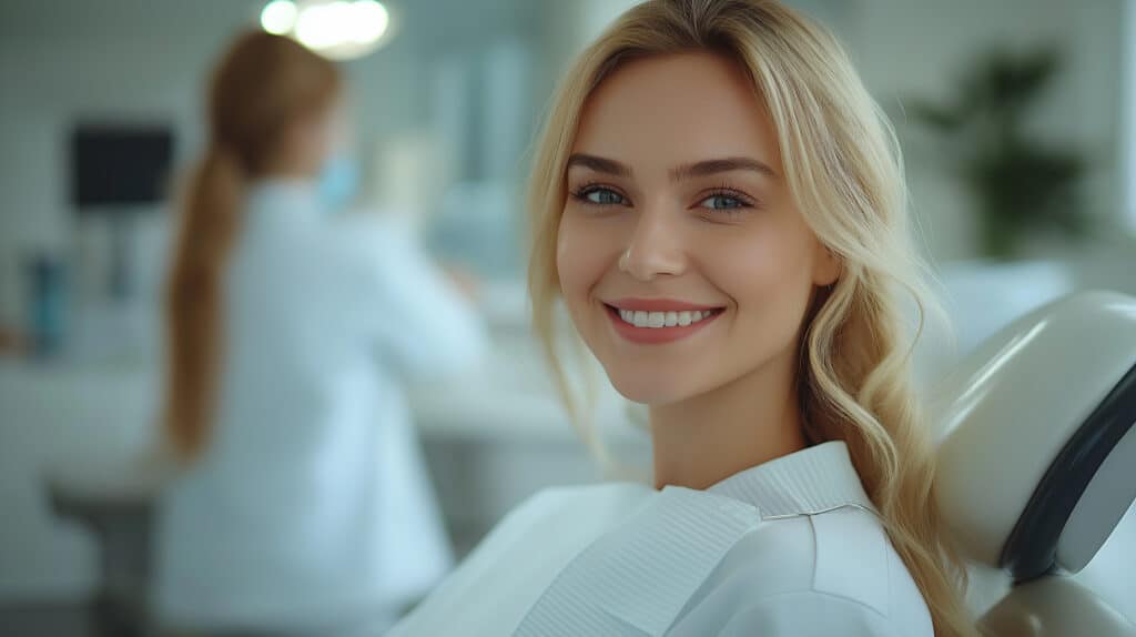 A woman with long blonde hair smiles while sitting in a dental chair, wearing a dental bib, ready for her appointment. A dental professional is visible in the blurred background, highlighting the comfortable and welcoming atmosphere you can expect when searching for dental exams near me.