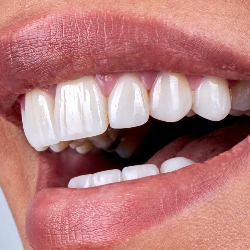 Close-up of a person’s mouth with pink lips, showing white, straight upper and lower teeth in a smile—a result you can achieve with professional dental cleaning in Wayzata. The gums are visible above the top teeth.